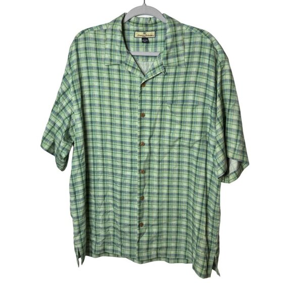 Tommy Bahama Hawaiian Shirt Mens L Silk Green Plaid Pocket Beach Vacation Preppy - Picture 1 of 11
